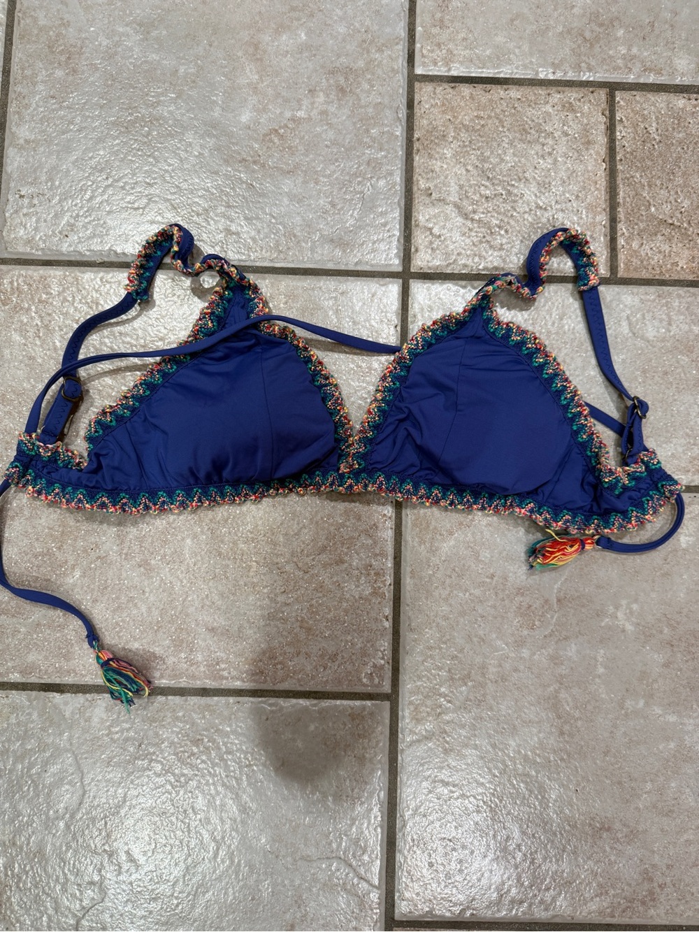 Becca by Rebecca Virtue— Women's Navy Triangle Bikini Top with Multicolor Trim